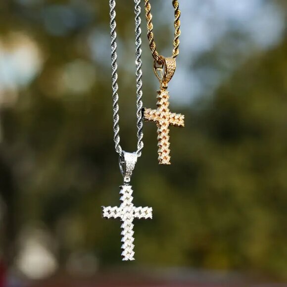 20" Womens 2ct Diamond 14K White Gold Rope Chain Cross Necklace Silver Jewelry - Picture 6 of 8